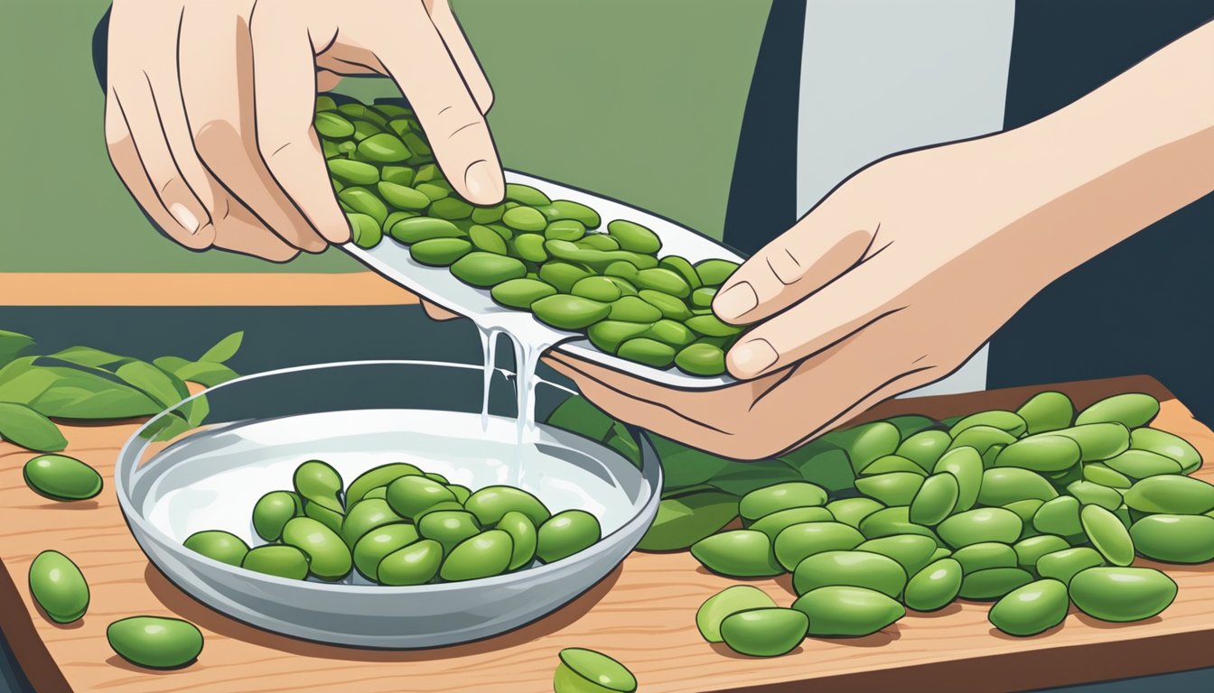 Fresh edamame pods arranged on a clean cutting board, with a bowl of ice water nearby. A hand reaches for a pod, ready to blanch and freeze them for healthy snacking