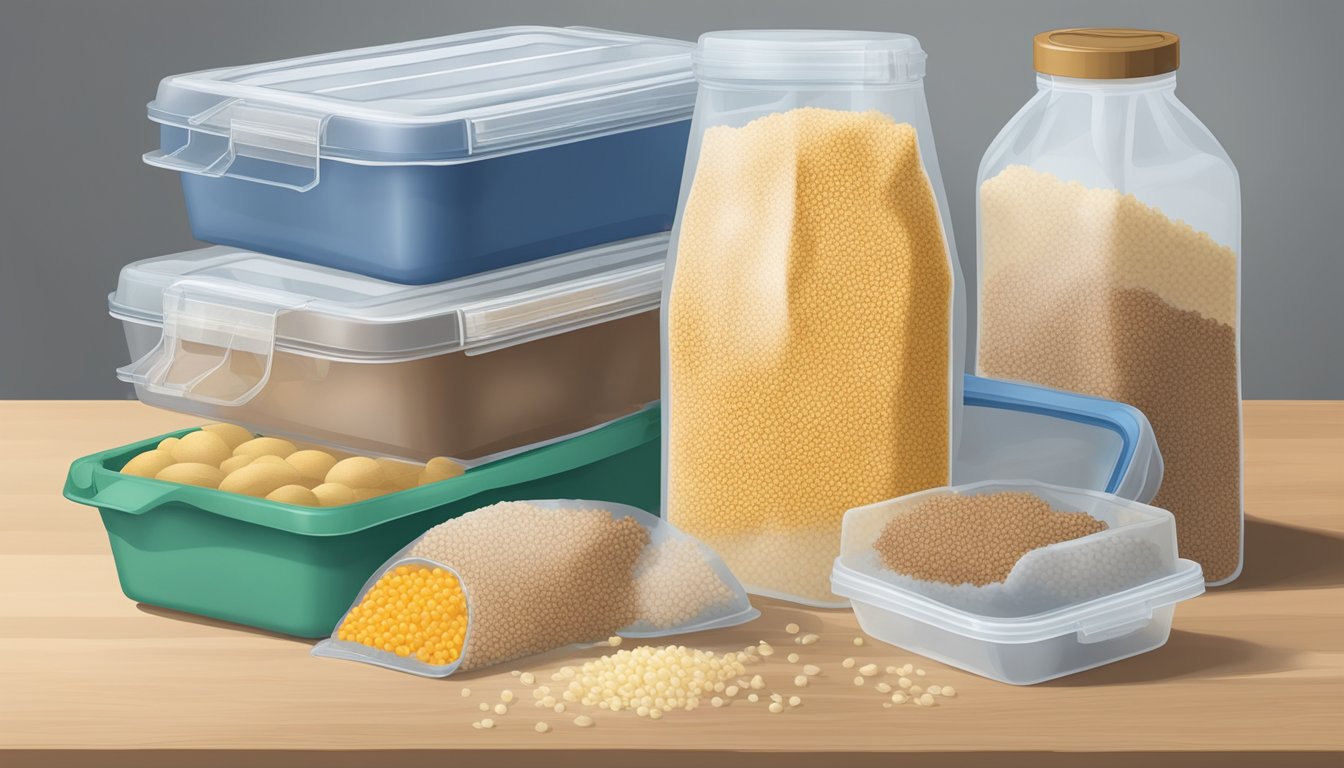 A container of cooked quinoa being transferred into a freezer bag and sealed, with other frozen food items nearby