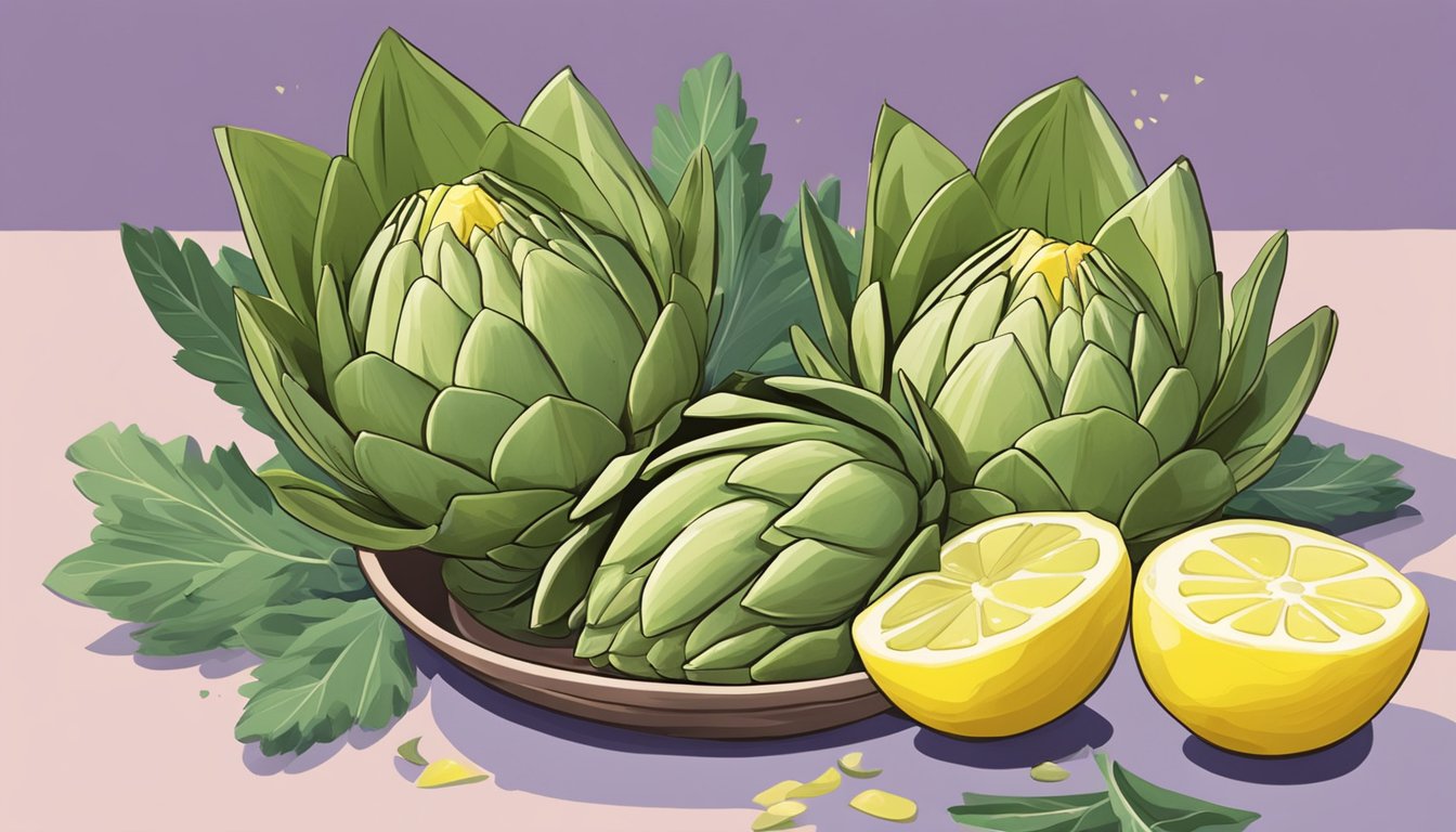 Fresh artichokes being trimmed and cleaned, with outer leaves removed and hearts cut into quarters. A bowl of lemon water sits nearby