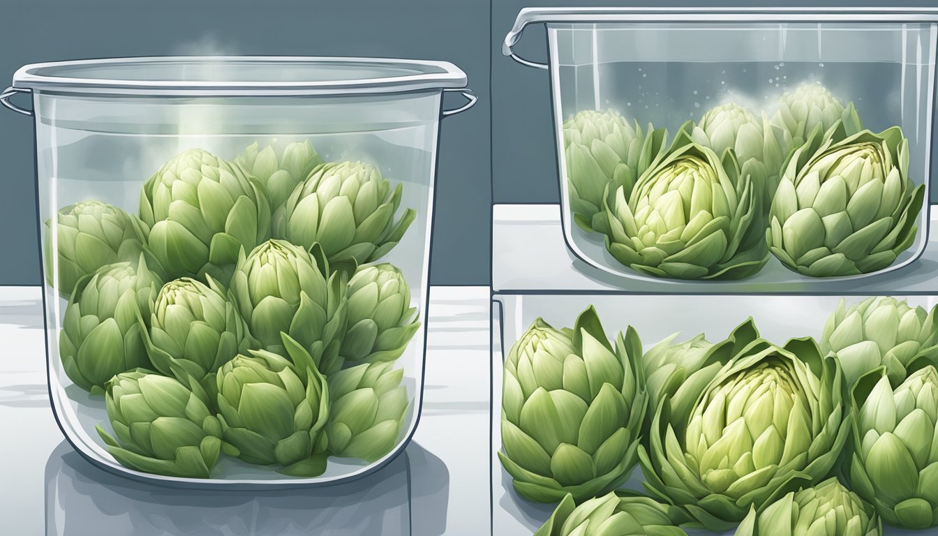 Fresh artichoke hearts being blanched in boiling water, then transferred to an ice bath before being placed into a freezer bag for storage