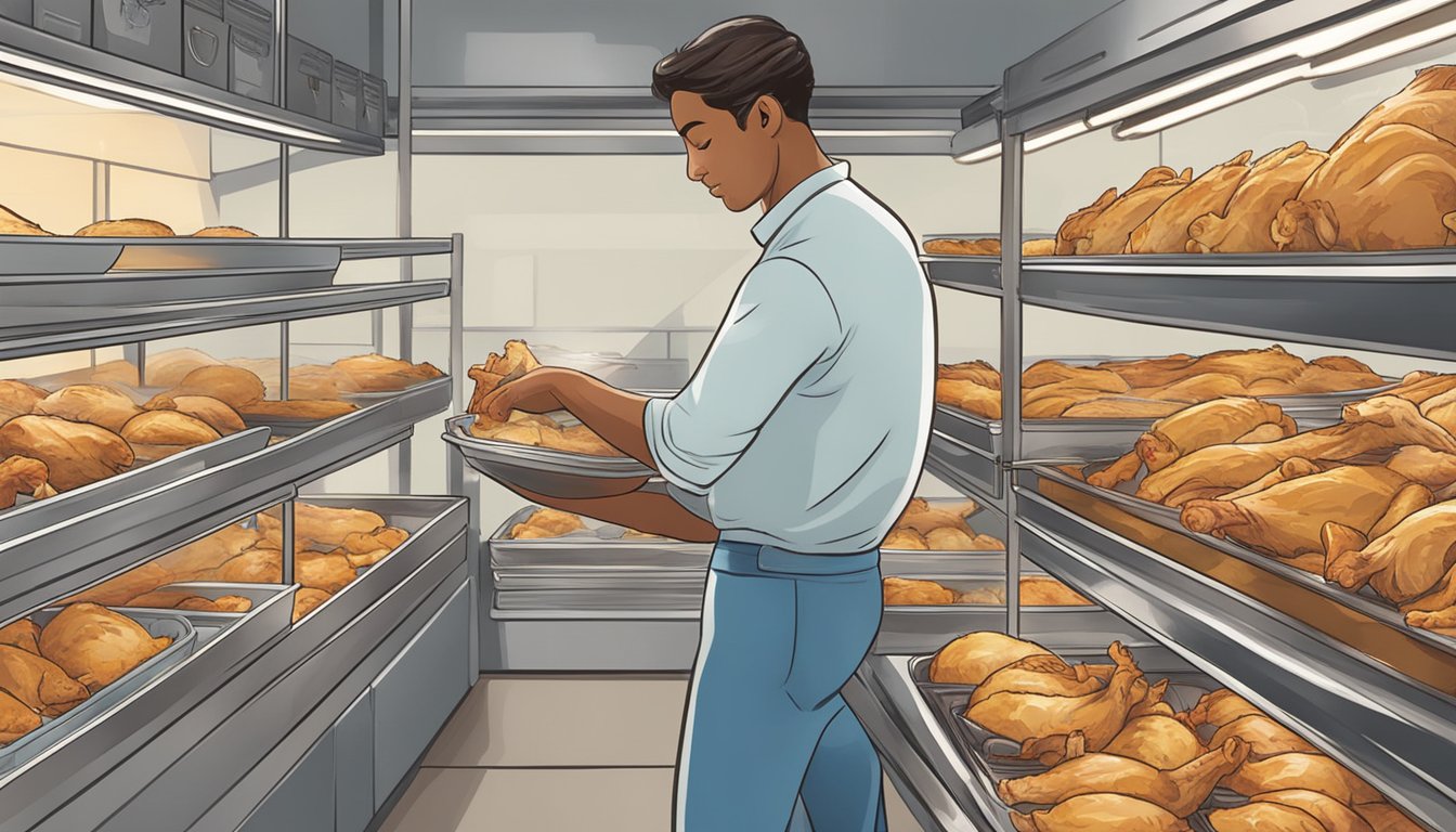 A person placing cooked rotisserie chicken into airtight containers for freezing