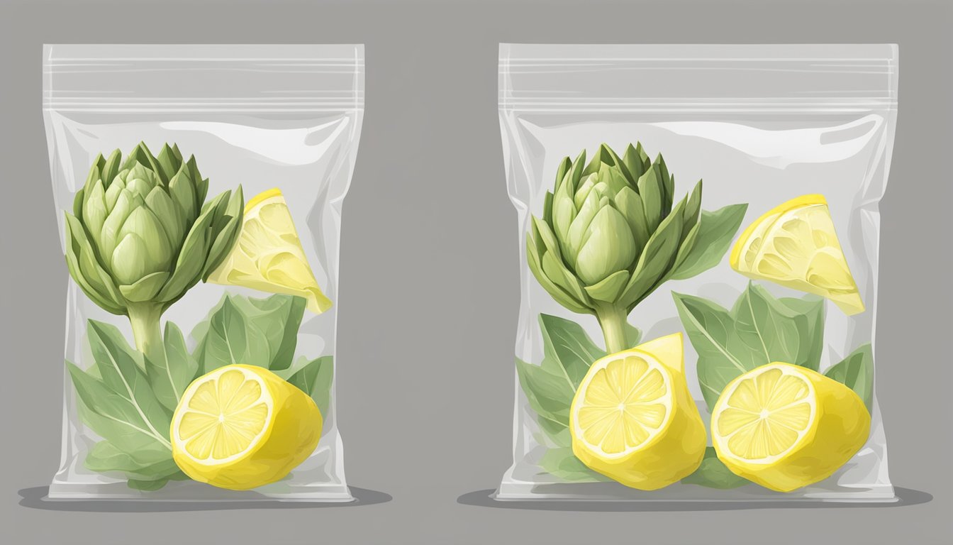 Fresh artichoke hearts placed in a resealable plastic bag, submerged in lemon water, and then sealed and placed in the freezer