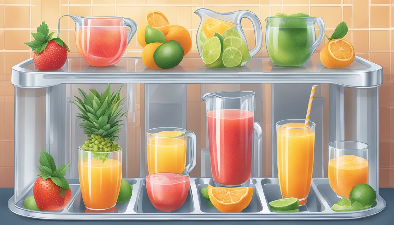 A pitcher of fresh juice being poured into ice cube trays, then placed in a freezer