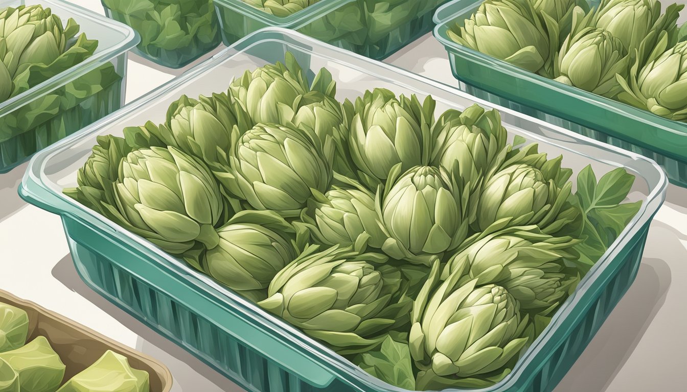 Fresh artichoke hearts being carefully trimmed and placed in airtight containers, then stored in a freezer