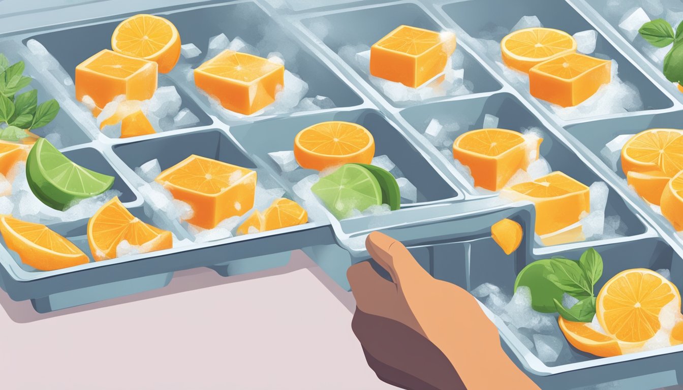 Fresh juice being poured into ice cube trays, then placed in the freezer. A hand reaching for a tray, with a caution sign nearby