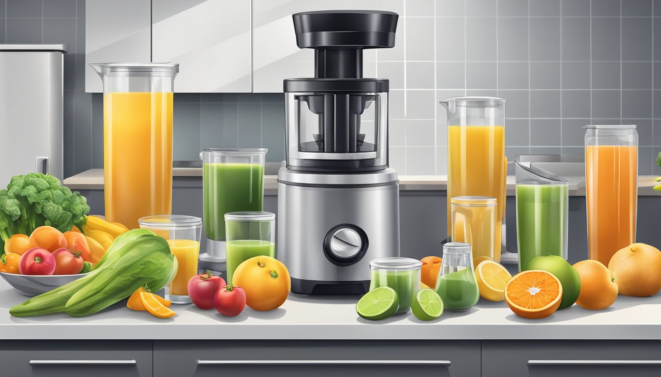 A variety of juicers on a kitchen counter, surrounded by fresh fruits and vegetables. A freezer door open, with containers of freshly made juice inside