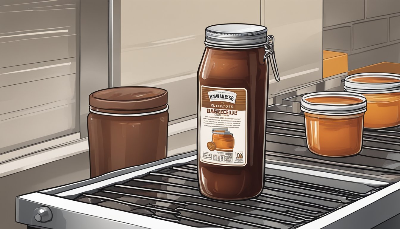 A jar of homemade barbecue sauce being poured into an airtight container and placed in the freezer next to a grill