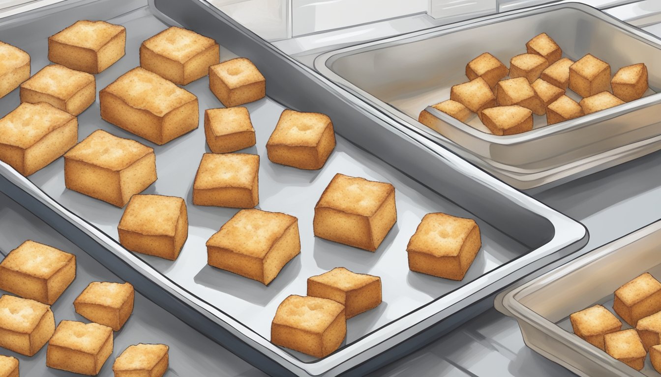 Homemade croutons being placed on a baking sheet, then placed in a freezer bag and stored in the freezer