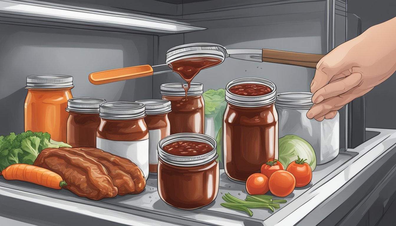 A mason jar filled with homemade barbecue sauce being carefully sealed and placed in a freezer next to bags of frozen meat and vegetables