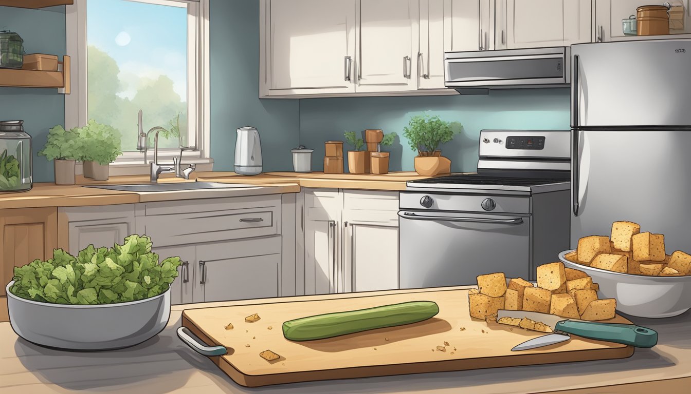 A kitchen counter with a cutting board, knife, and a pile of homemade croutons. A freezer door is open, with a container of croutons being placed inside