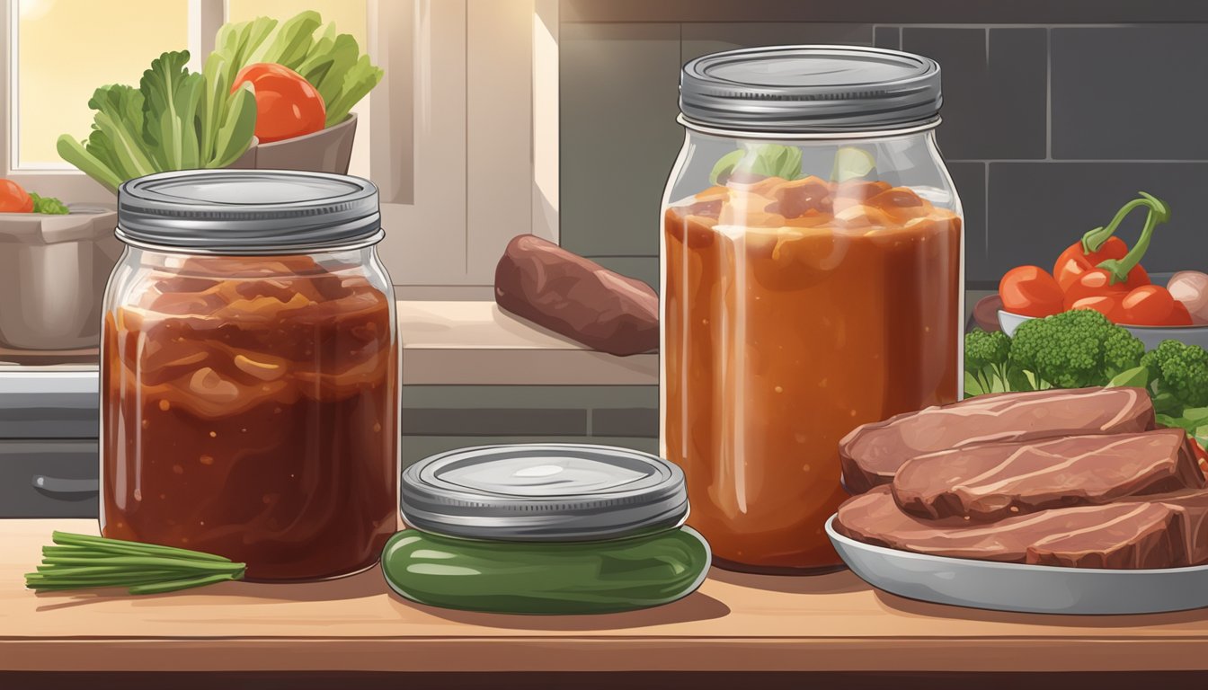 A mason jar filled with homemade barbecue sauce being sealed with a lid, placed in a freezer surrounded by frozen meat and vegetables