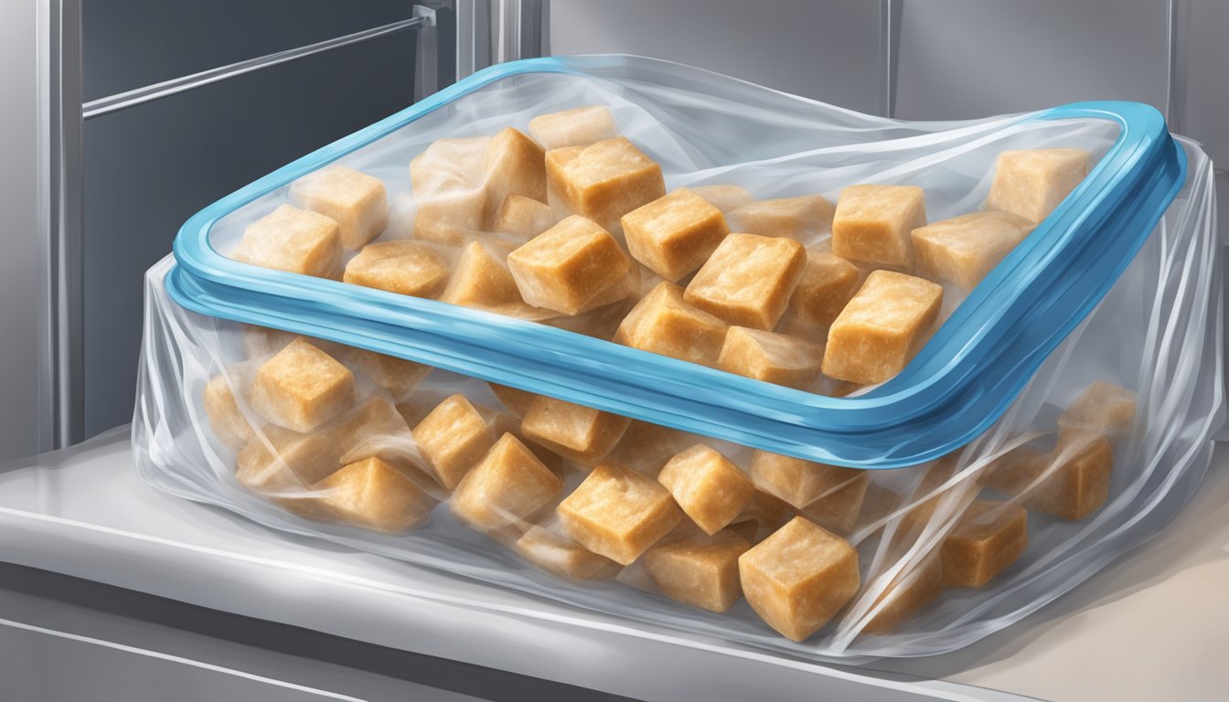 A clear plastic bag filled with homemade croutons is being sealed and placed in a freezer. The freezer door is open, revealing other frozen items inside