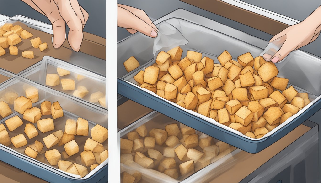 Homemade croutons being placed in a resealable bag, then placed in the freezer