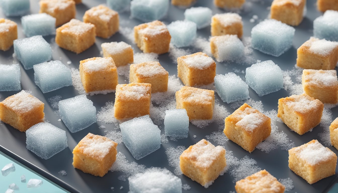 Homemade croutons arranged on a baking sheet, being placed in a freezer. Ice crystals forming on the croutons as they freeze