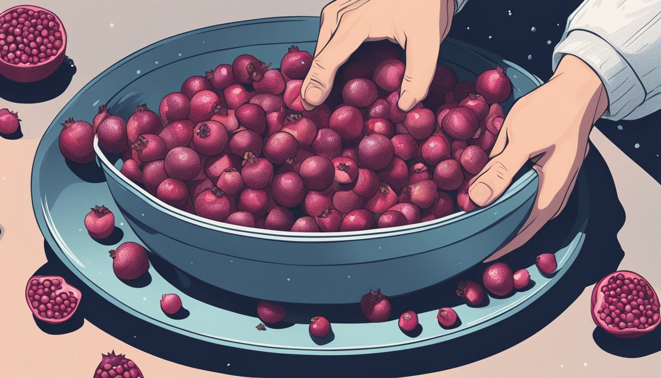 A hand reaching into a bowl of pomegranates, carefully selecting ripe ones to freeze. Seeds glisten in the light