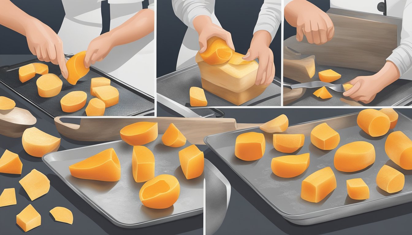 A person peeling and chopping butternut squash, placing the pieces on a baking sheet, and then freezing them in a single layer