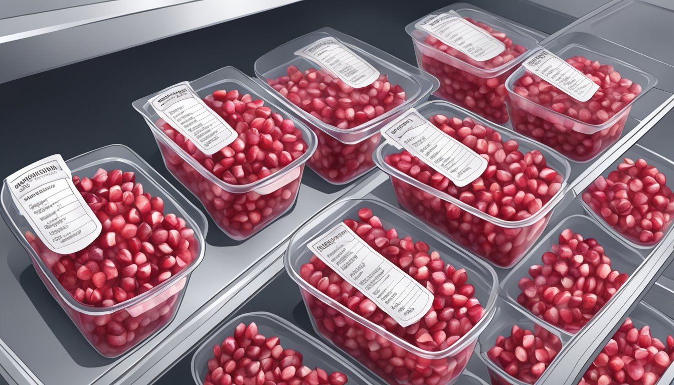 Fresh pomegranate seeds being carefully placed into airtight containers and placed in the freezer, with a label showing the health benefits and nutritional information