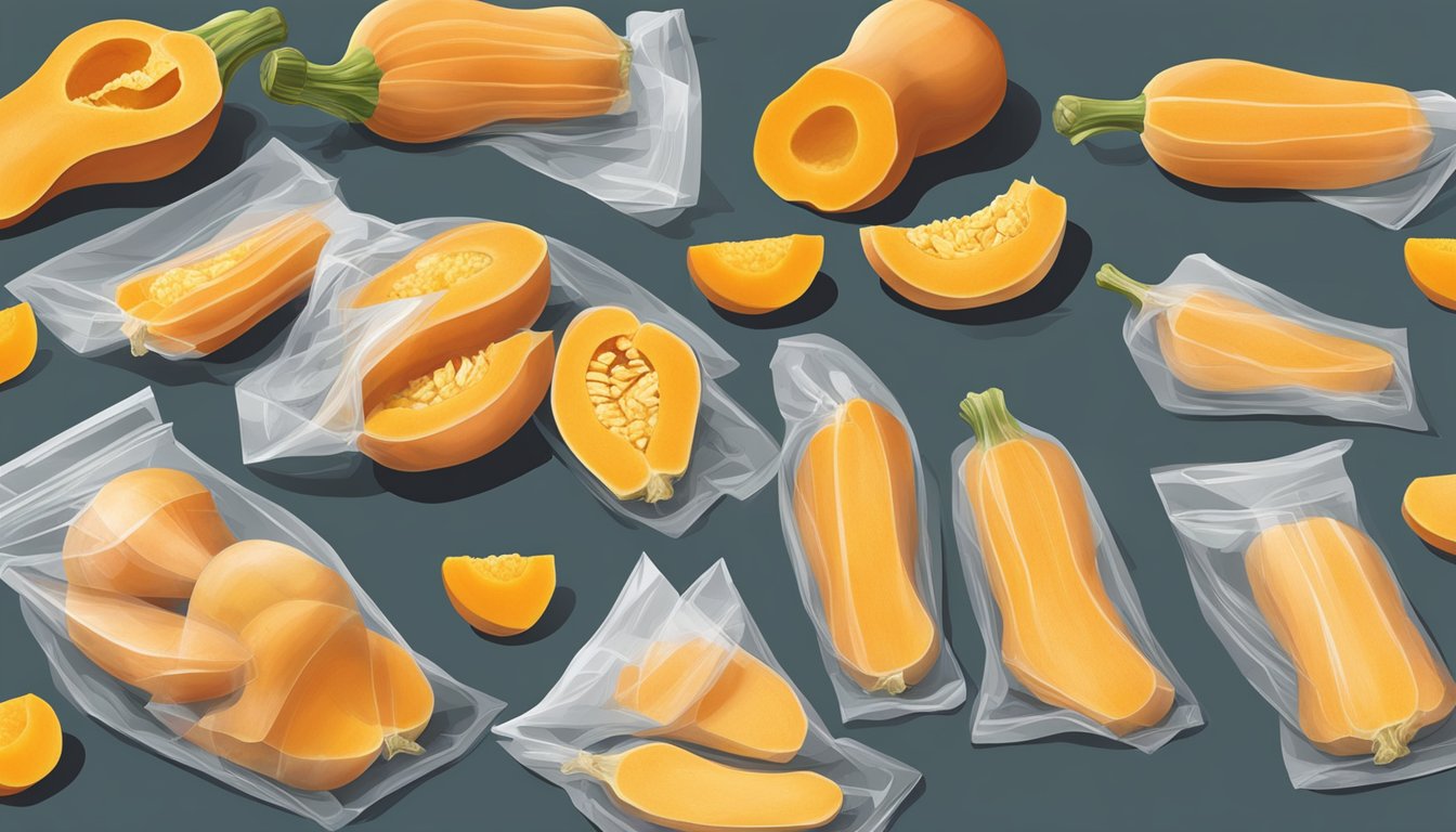 Butternut squash being sliced, peeled, and then placed into freezer bags