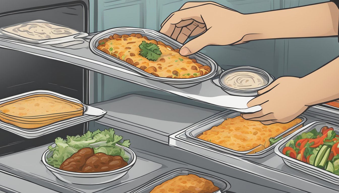 A hand reaching into a freezer, placing a container of homemade enchiladas on a shelf next to other frozen meals