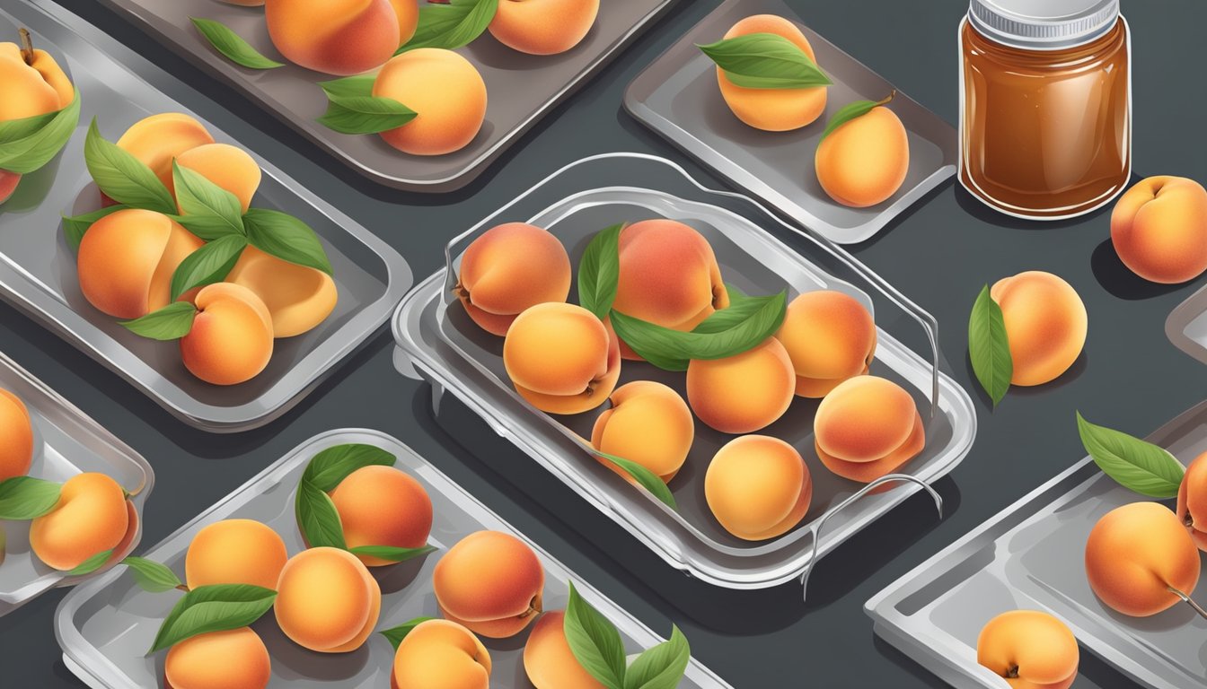 Fresh peaches being sliced and arranged on a baking sheet, then placed in a freezer. Jars of peach cobbler and jam nearby