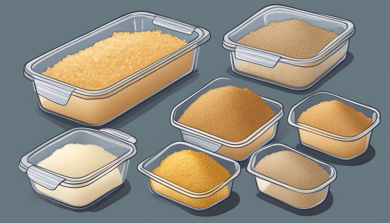 A variety of breadcrumbs in labeled containers, some in the freezer, others on a counter