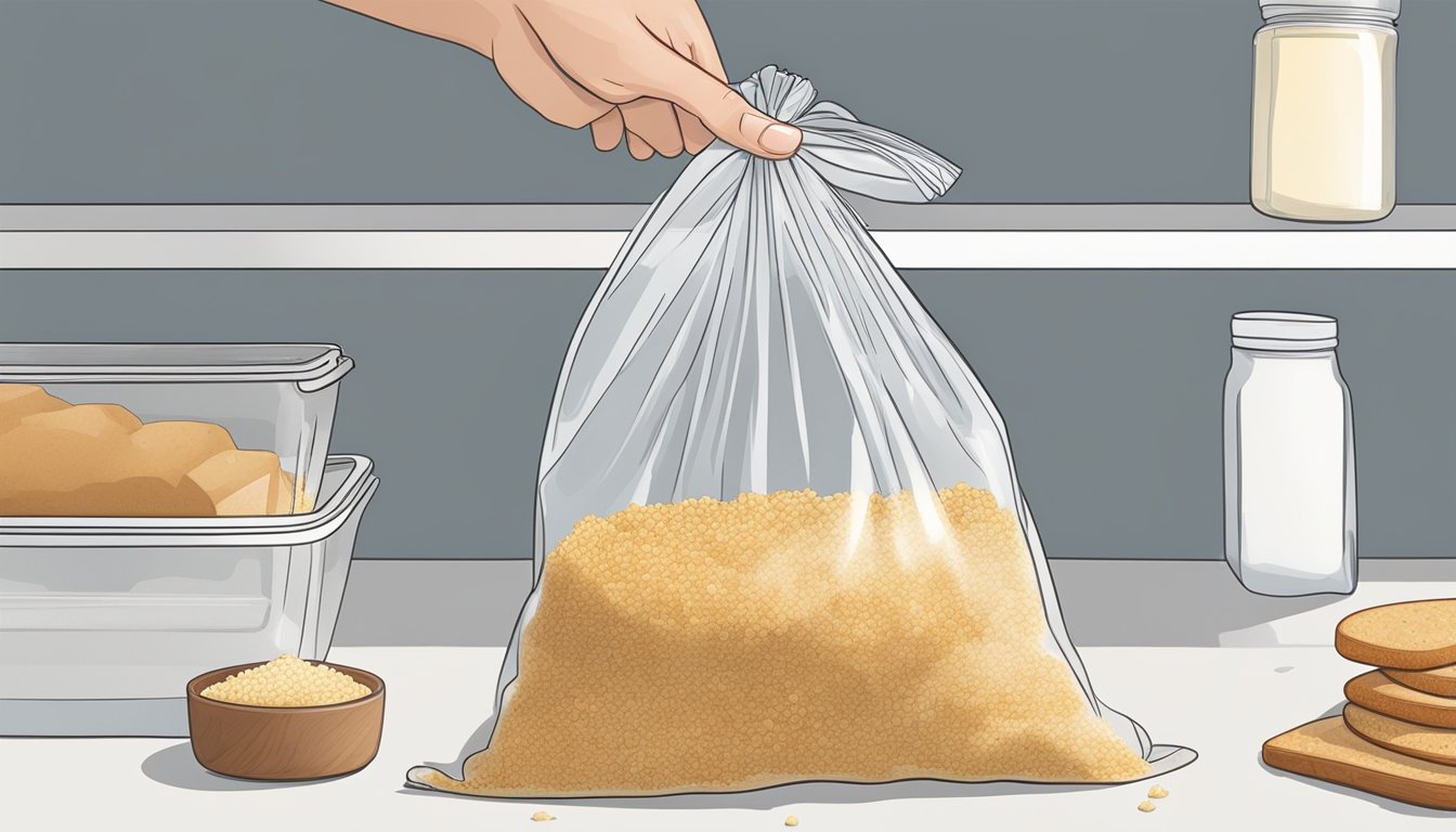 A hand pouring homemade breadcrumbs into a resealable plastic freezer bag, pressing out excess air, and sealing it shut