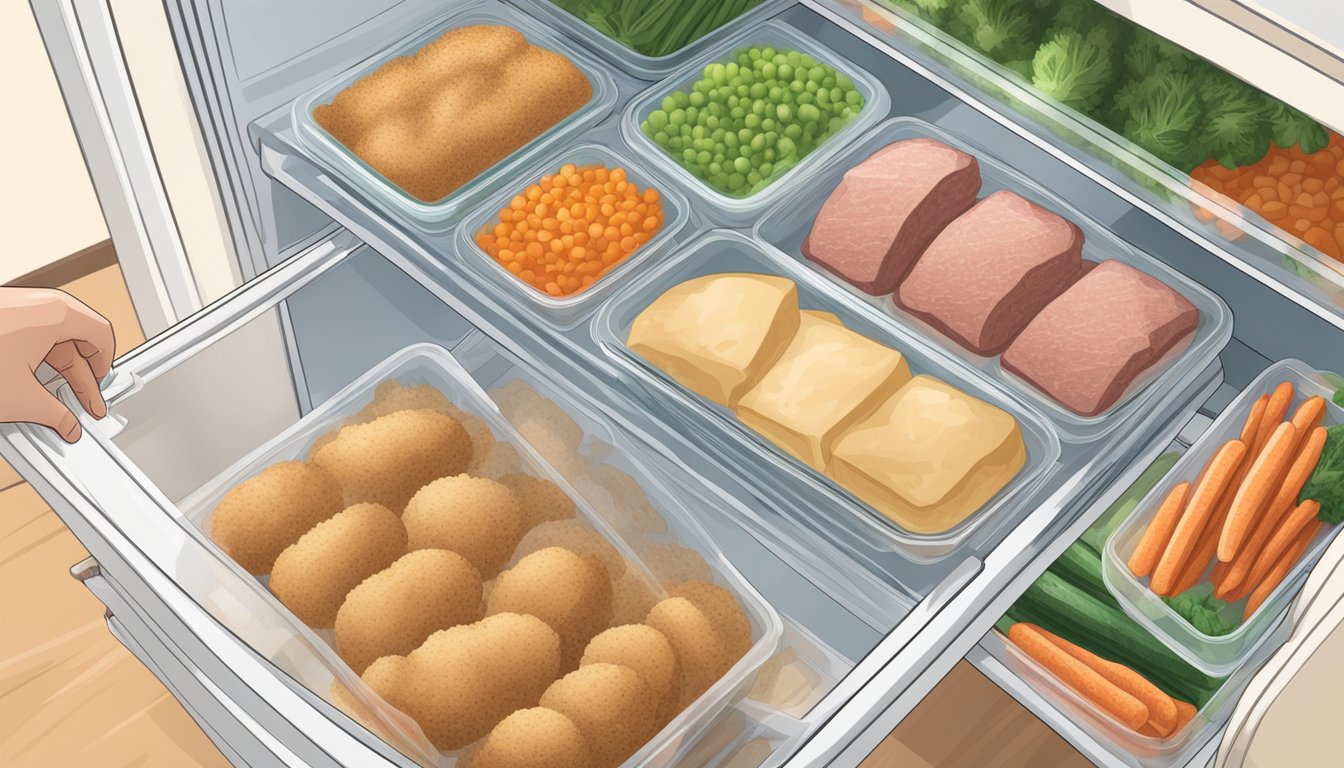 A hand reaching into a freezer, placing a bag of homemade breadcrumbs next to frozen vegetables and meat