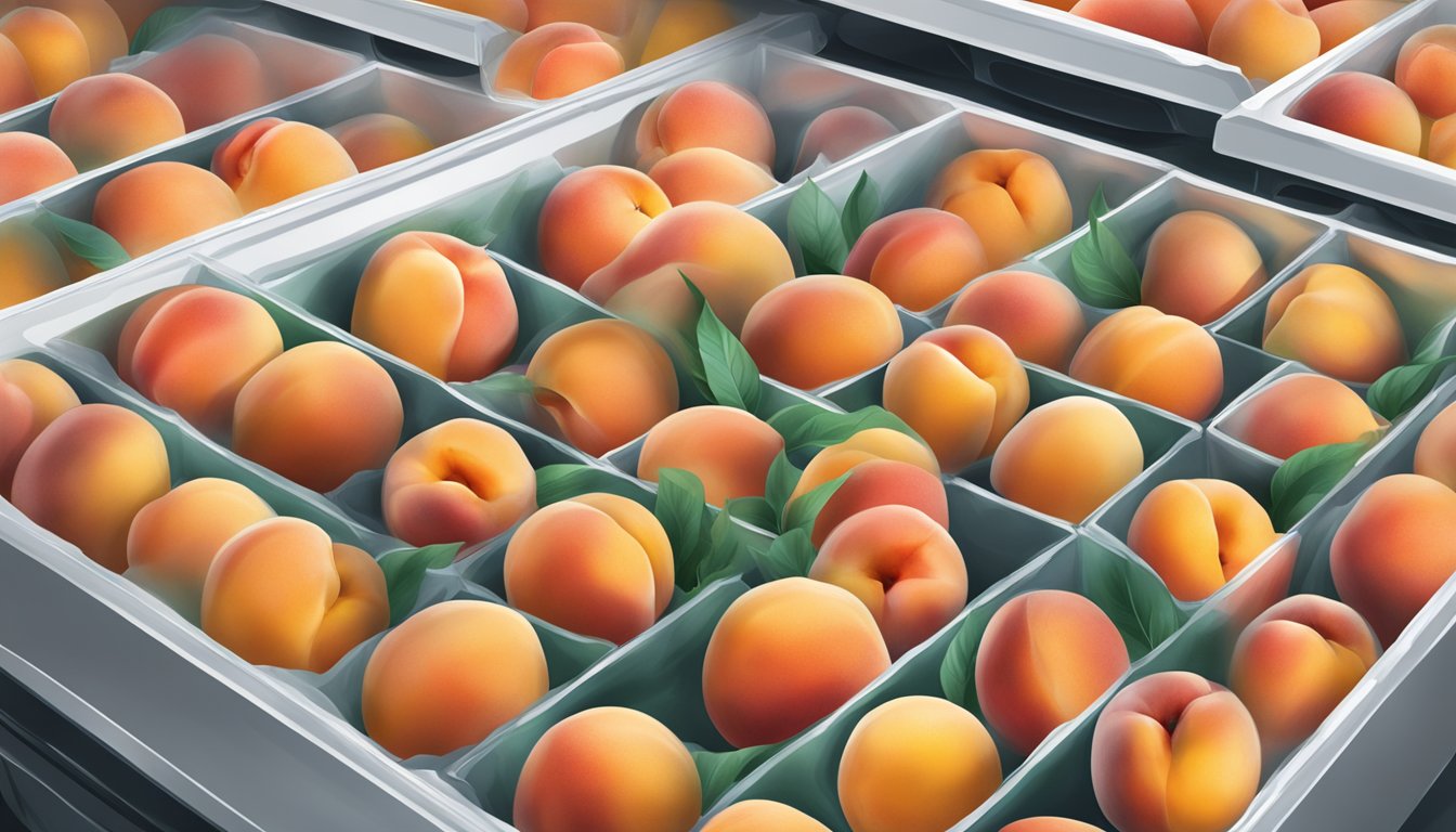 Fresh peaches being placed in freezer bags, sealed and stored in freezer