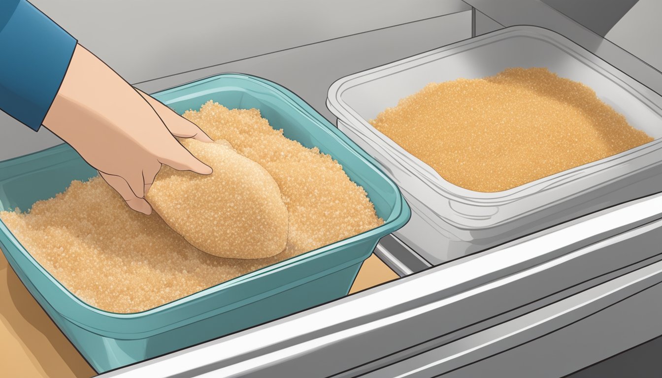 Homemade breadcrumbs in a resealable bag being placed in a freezer