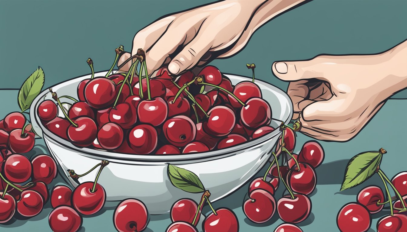 A hand reaching into a bowl of fresh cherries, selecting the ripest ones for freezing