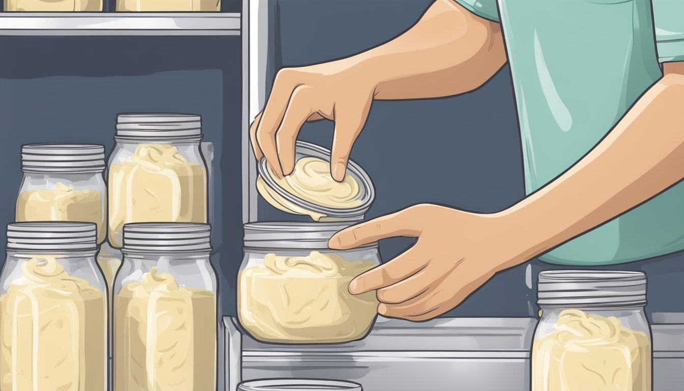 A mason jar filled with creamy alfredo sauce is being carefully sealed with a lid before being placed in the freezer