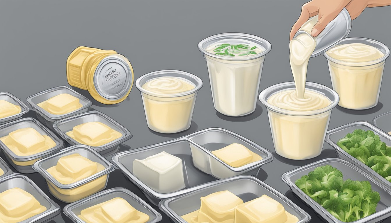 A pot of creamy alfredo sauce being poured into labeled freezer-safe containers