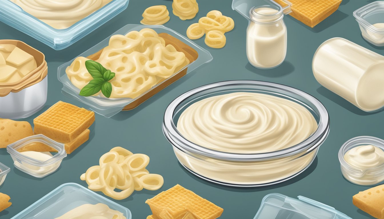 A glass jar filled with creamy alfredo sauce is being sealed tightly with a lid. The jar is then placed in a freezer alongside other frozen food items