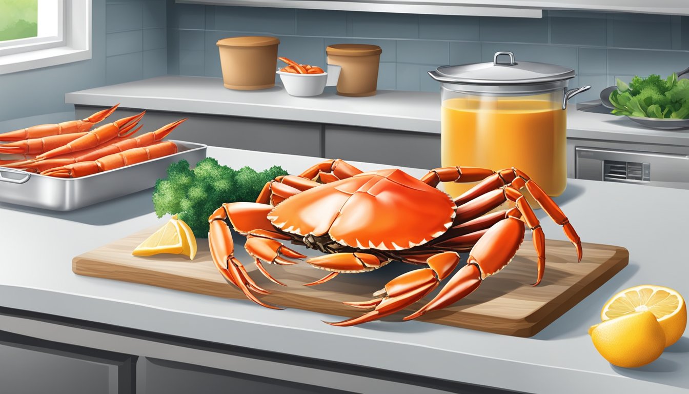 A kitchen counter with a cutting board, cooked crab legs, a pot for boiling water, and a freezer for storing the crab legs