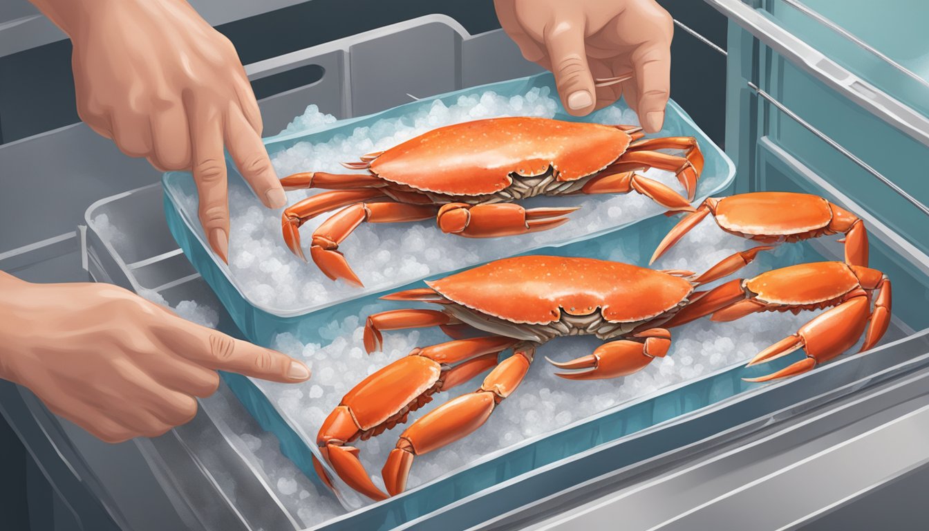 A hand placing cooked crab legs into a freezer bag