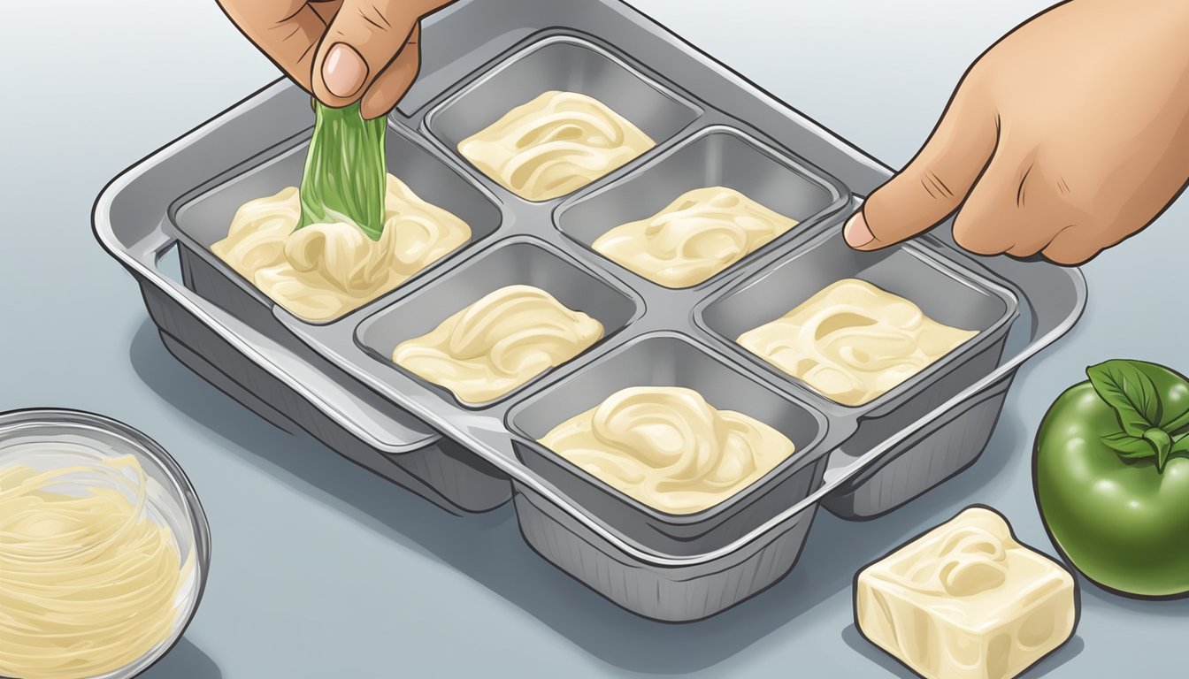 A pot of homemade alfredo sauce is being poured into ice cube trays, then covered and placed in the freezer