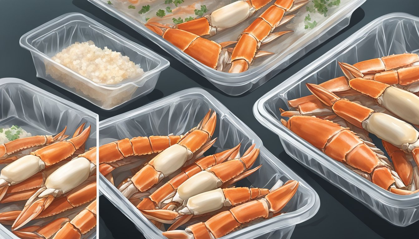 Cooked crab legs being placed on a tray, covered in plastic wrap, and then placed in the freezer