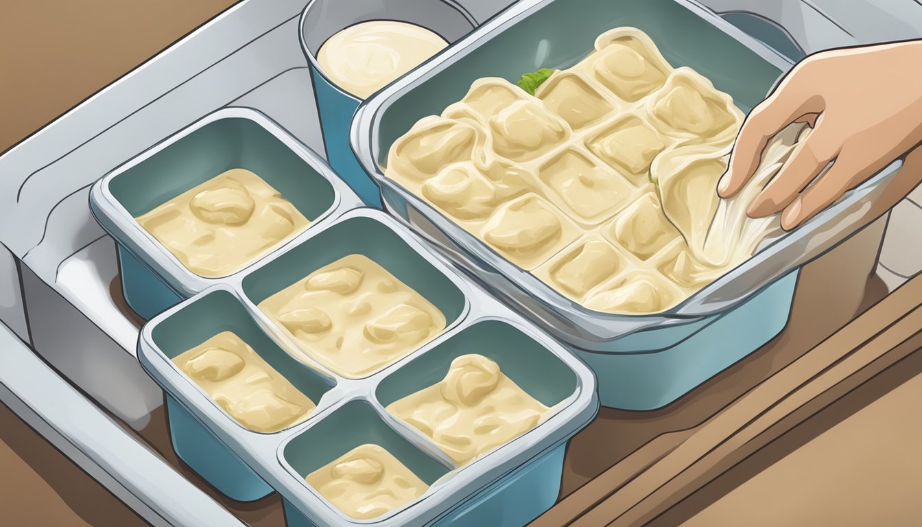 A pot of homemade alfredo sauce being poured into ice cube trays, then covered and placed in the freezer