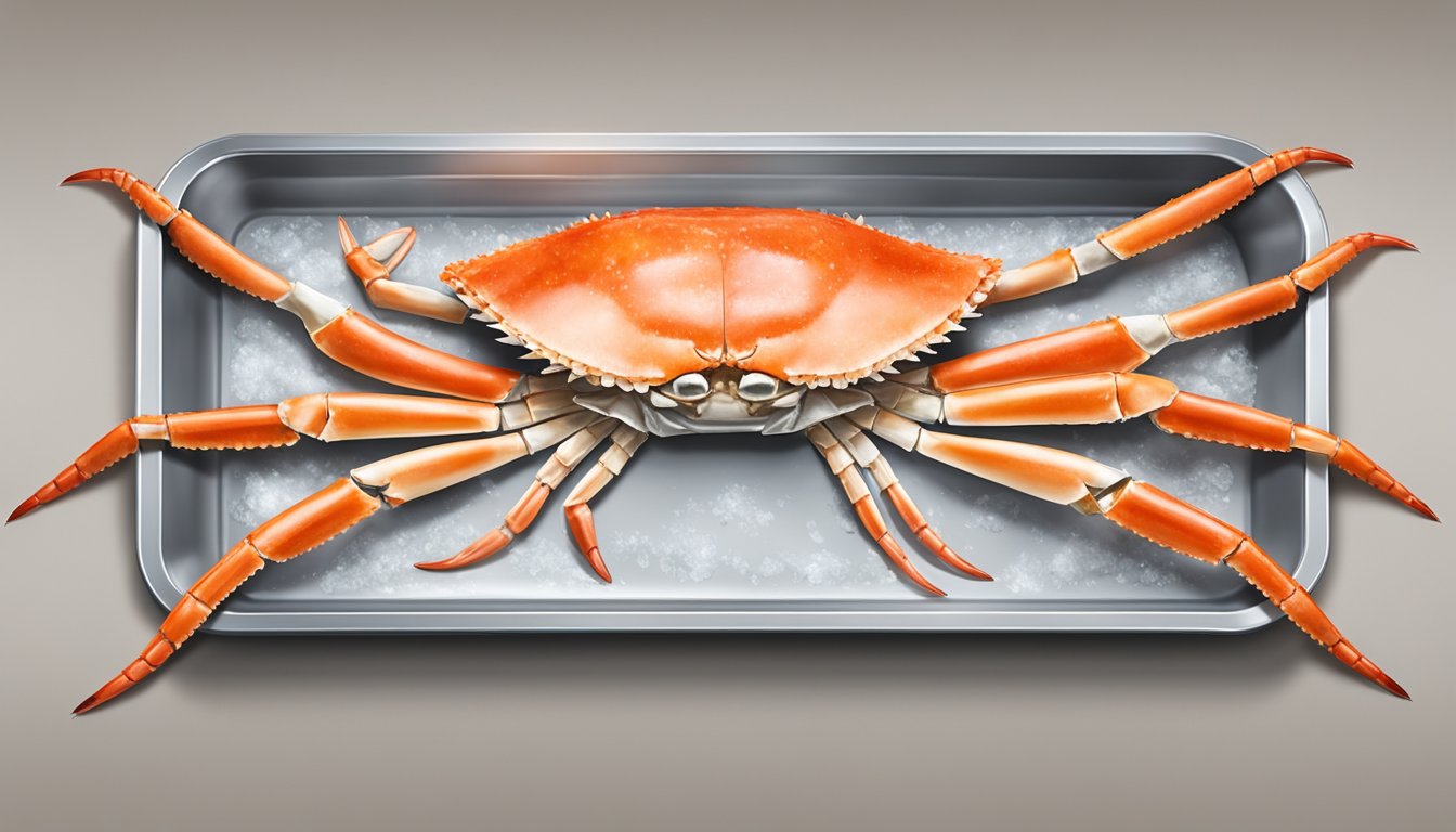 Cooked crab legs arranged in a single layer on a baking sheet, covered with plastic wrap, and placed in the freezer