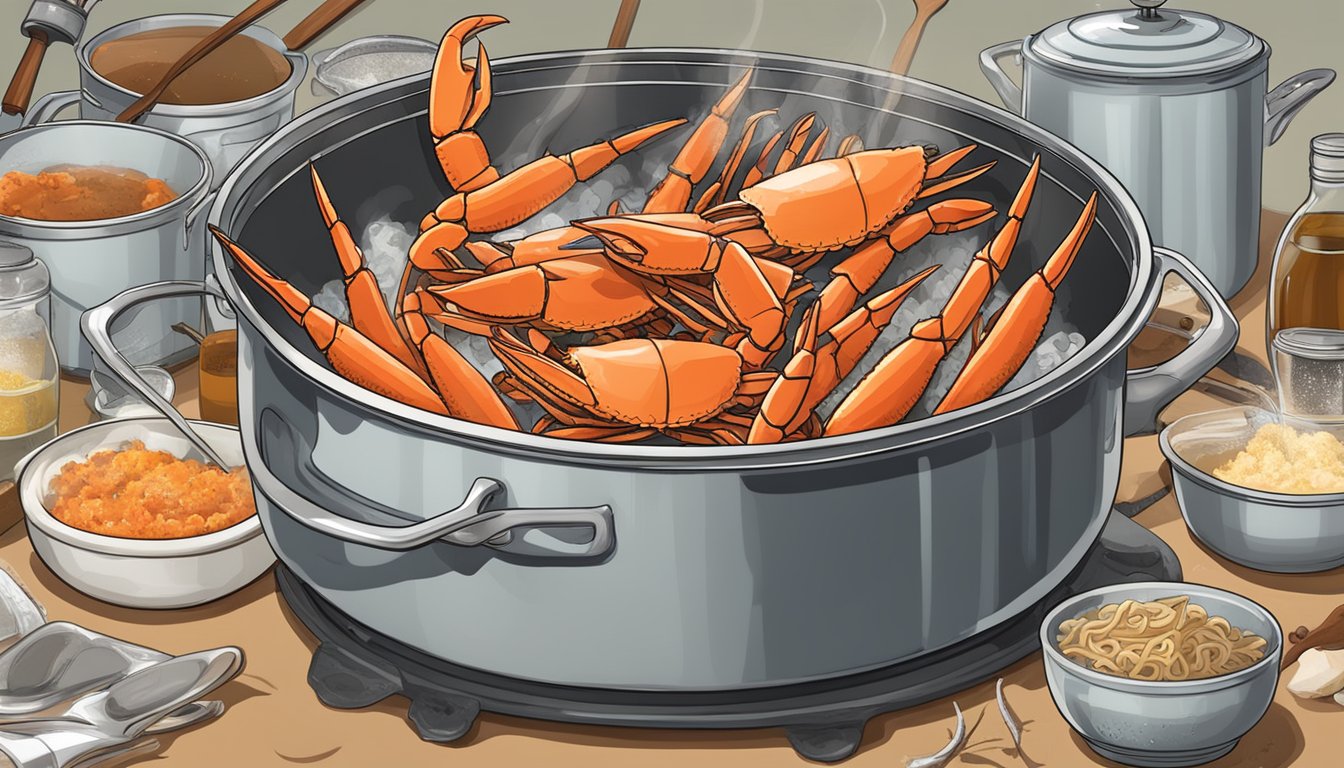 A pot of boiling water with crab legs being lowered in, surrounded by various cooking utensils and ingredients