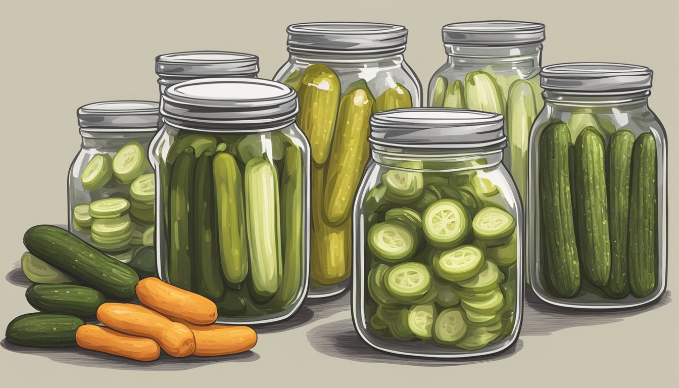 A glass jar of homemade pickles and relishes being carefully sealed and placed in a freezer. Nearby, a stack of labeled, neatly organized frozen goods