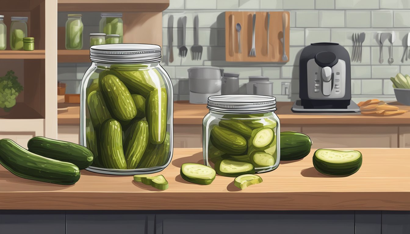 A jar of homemade pickles and relishes being removed from the freezer and thawed on a kitchen counter