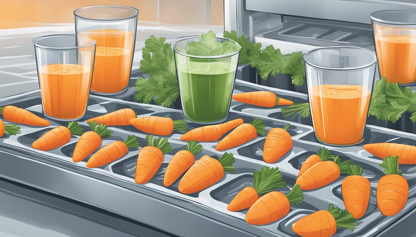 Fresh carrots being juiced and poured into ice cube trays. The trays are then placed in a freezer