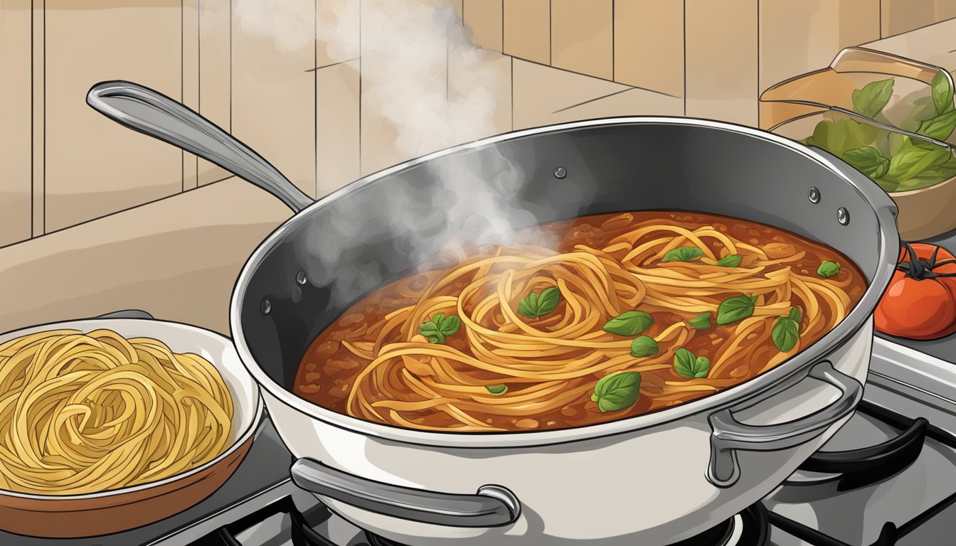 A pot of homemade pasta sauce simmers on the stove. Steam rises as the cook stirs in a secret ingredient