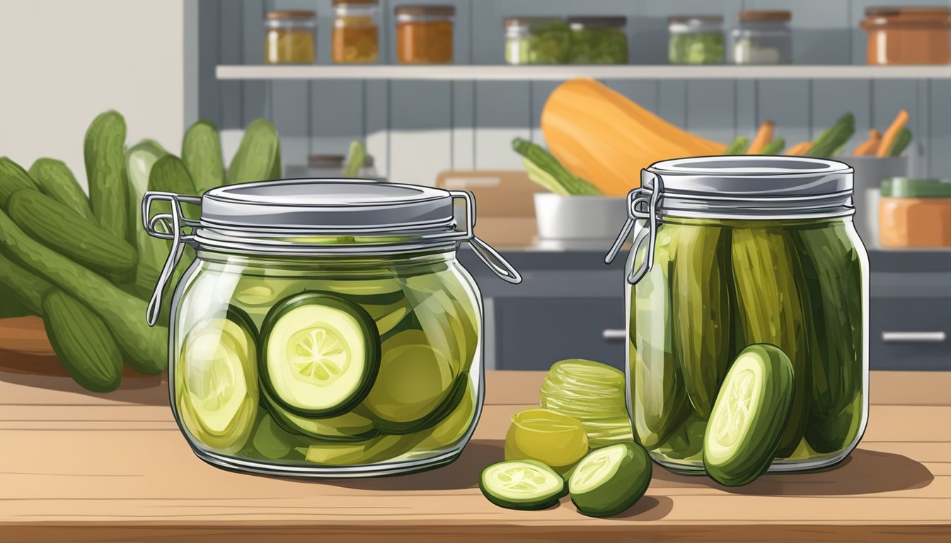 A glass jar filled with homemade pickles and relishes being carefully sealed with a lid before being placed in the freezer