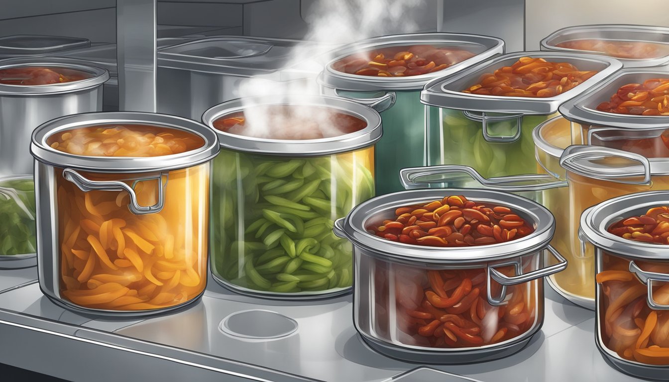 A pot of homemade chili is being portioned into airtight containers and placed in the freezer, with steam rising from the hot food