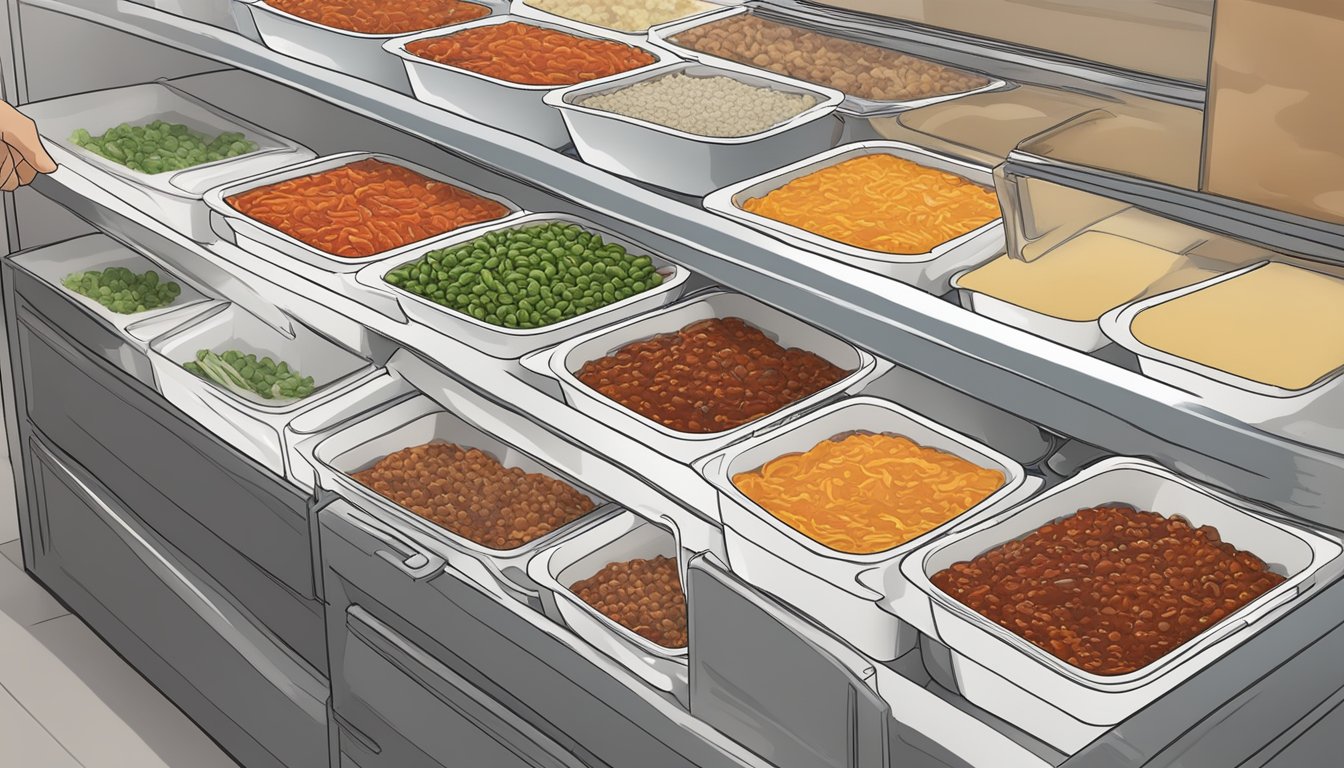 A pot of homemade chili being carefully ladled into labeled freezer-safe containers. A freezer door is open, with other frozen meals visible inside