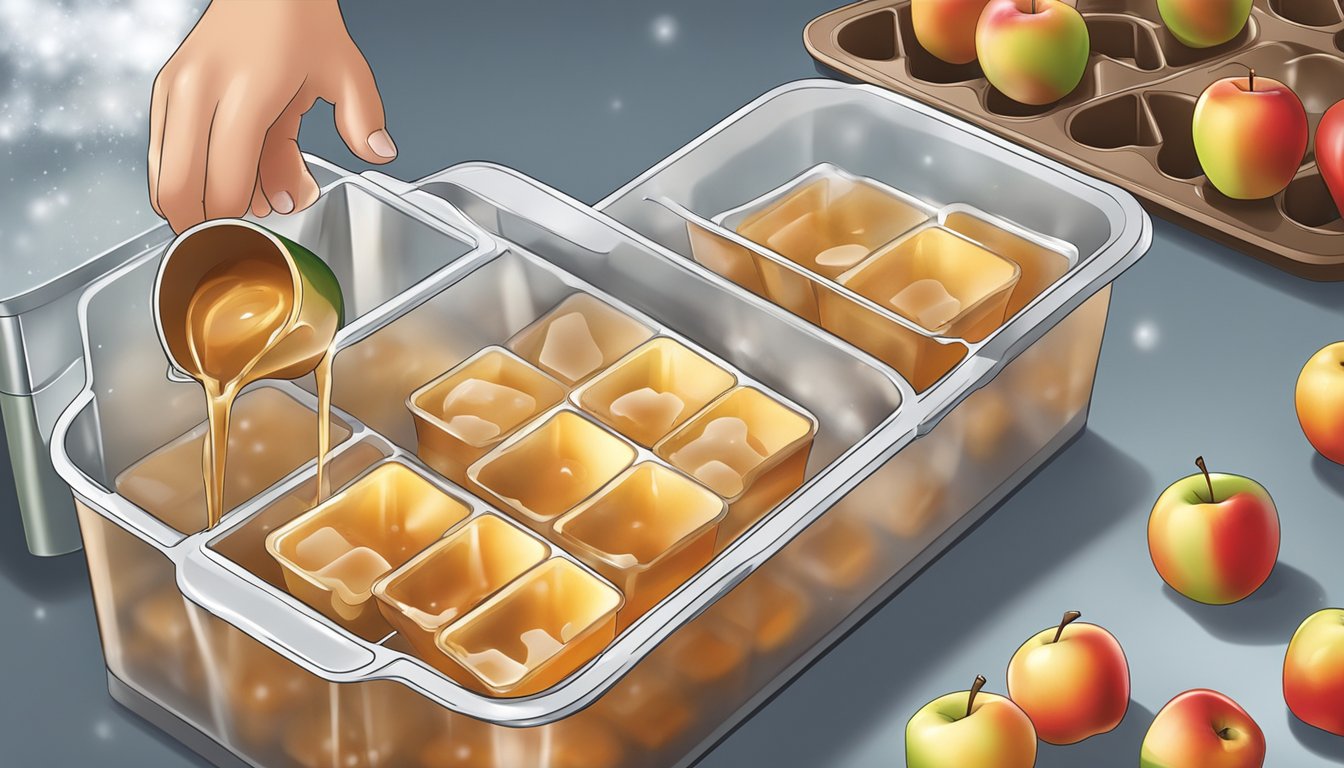 A pitcher of apple cider being poured into ice cube trays, with the trays being placed in the freezer