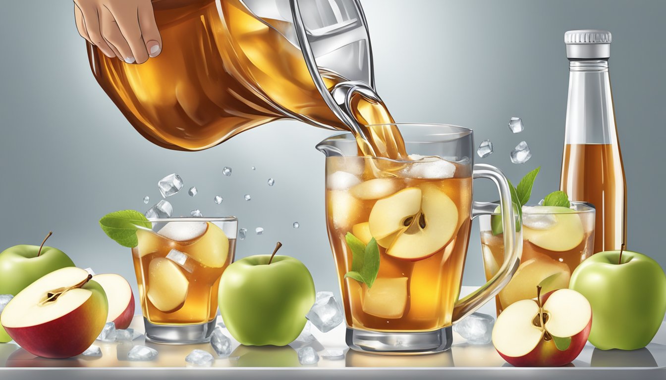 A pitcher of apple cider being poured into ice cube trays