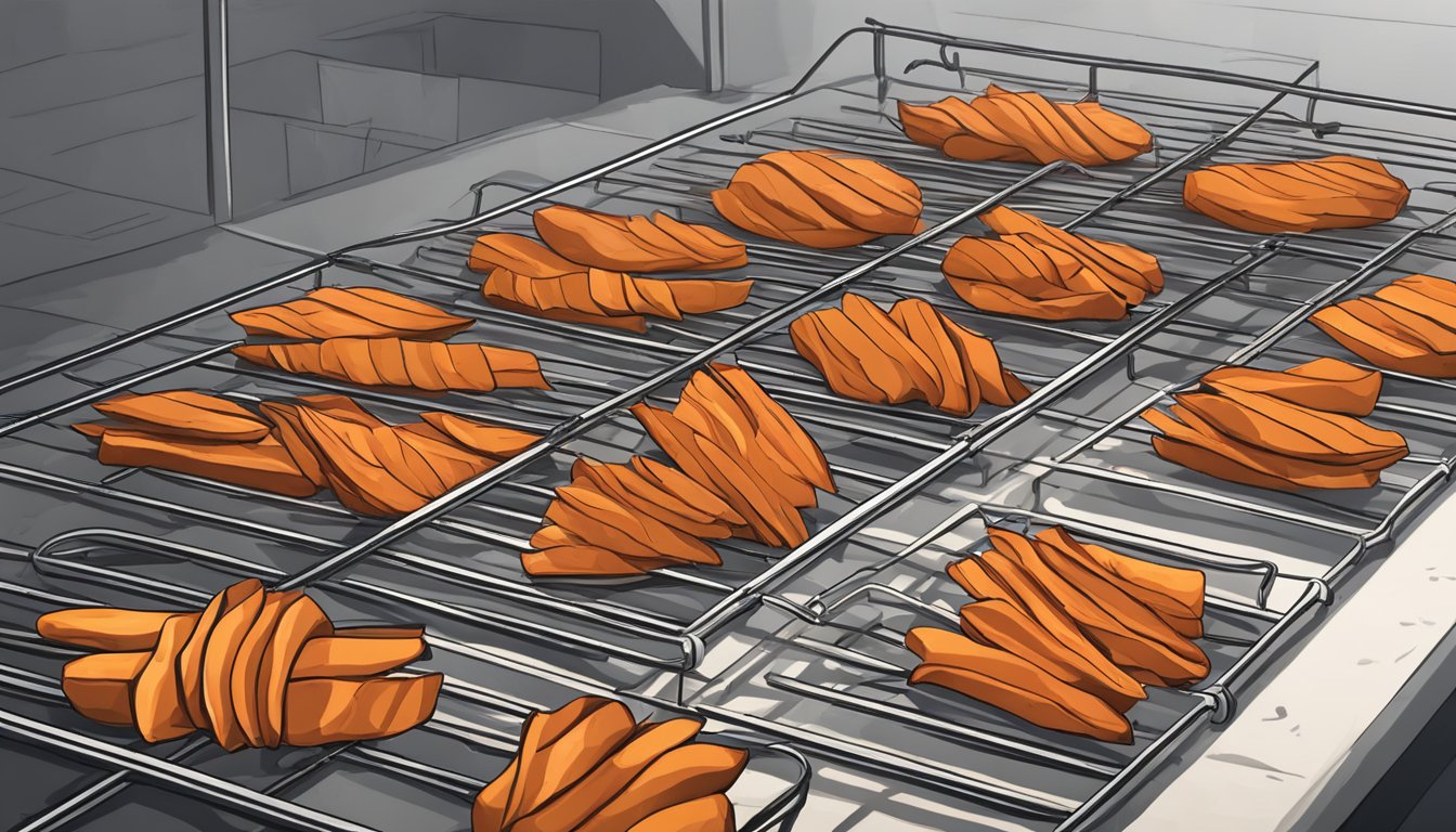 Sweet potato fries laid out on a wire rack, air drying before being placed in the freezer